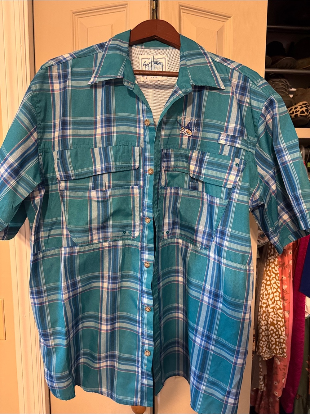 Guy Harvey Teal Plaid Short-Sleeve Button-Down Shirt